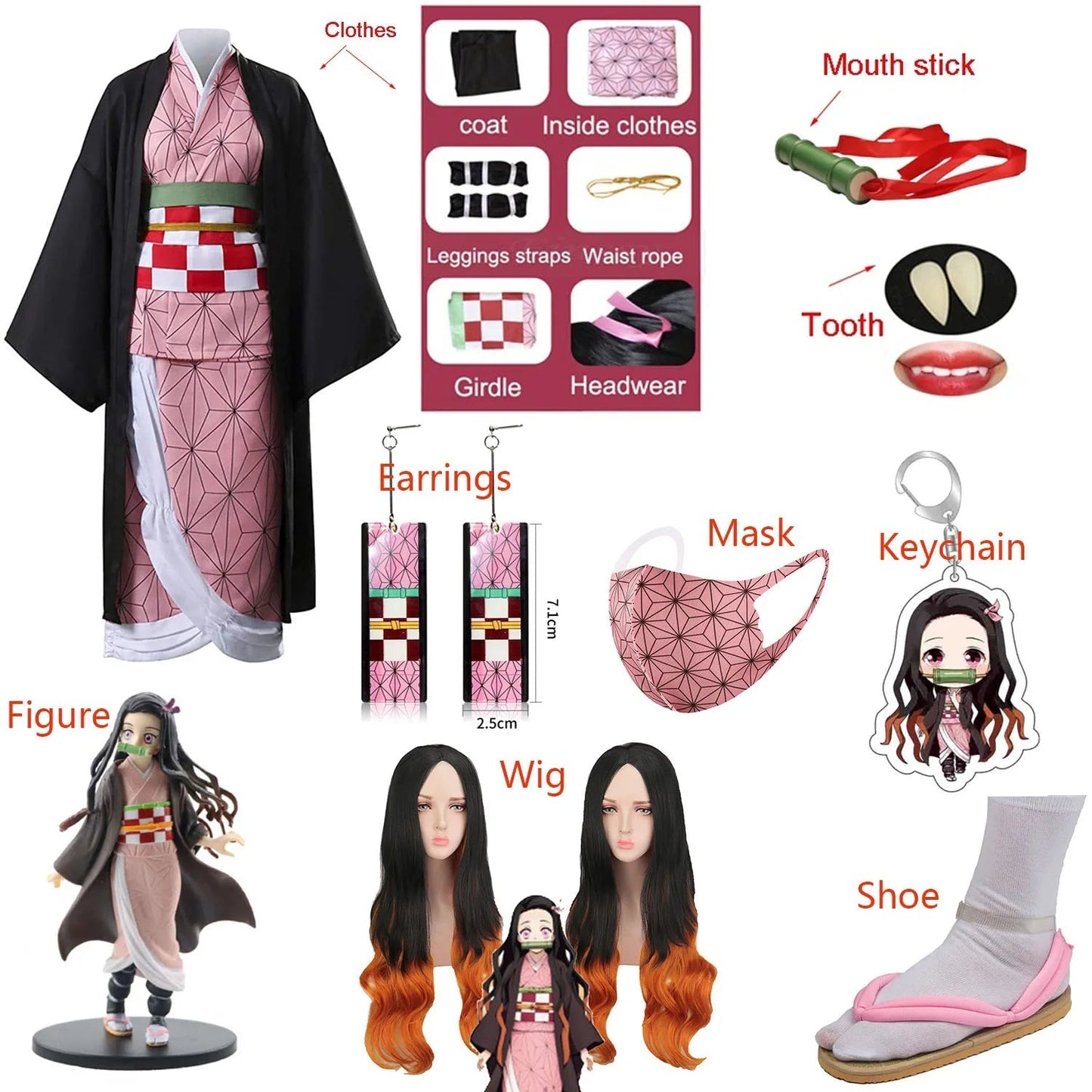Anime Demon Slayer Kimetsu no Yaiba Kamado Nezuko Costume Cosplay Earrings Figure Mask Keychain Shoes Wig Tooth Adult Kids Women | Macchar Cosplay Catalogue