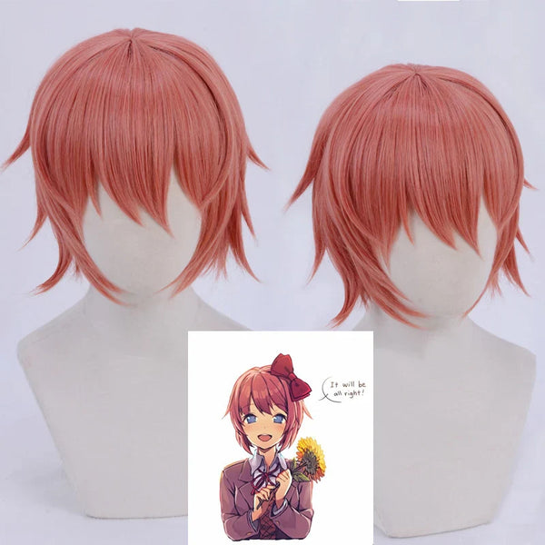 Sayori Short Pink and Red Cosplay Wig from Doki Doki Literature Club with Bow Hairpin