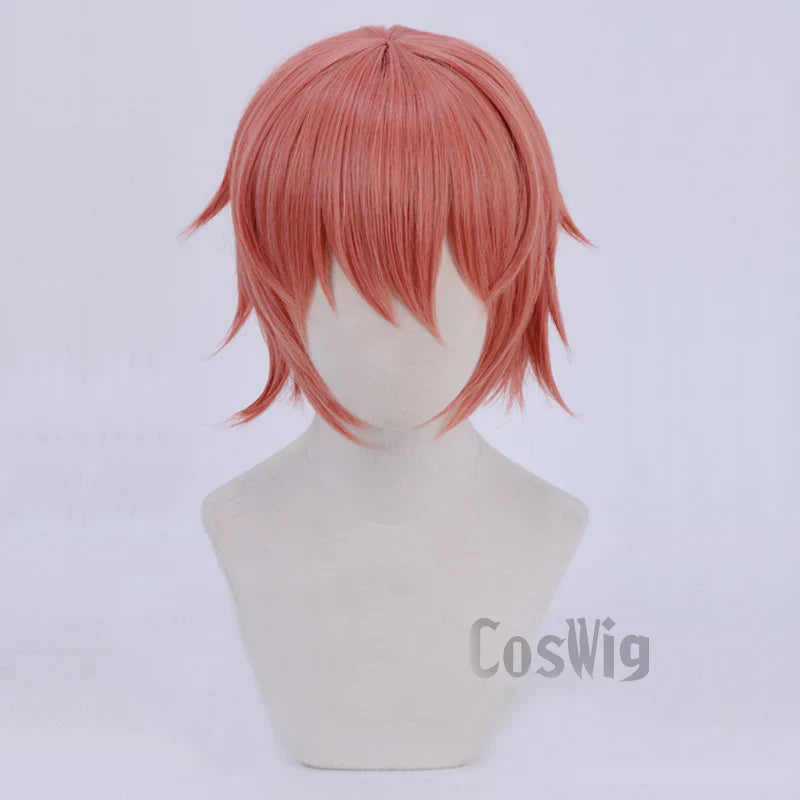 Anime Doki Doki Literature Club Sayori Short Pink Red Heat Resistant Hair Cosplay Costume Wigs + Bow Hairpin + Free Wig