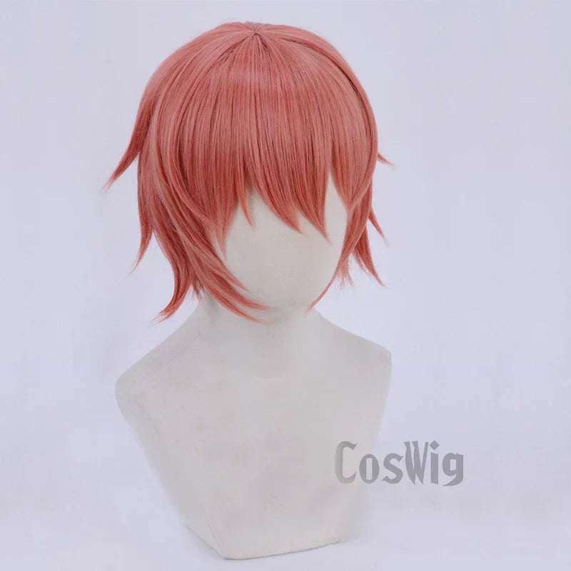 Anime Doki Doki Literature Club Sayori Short Pink Red Heat Resistant Hair Cosplay Costume Wigs + Bow Hairpin + Free Wig