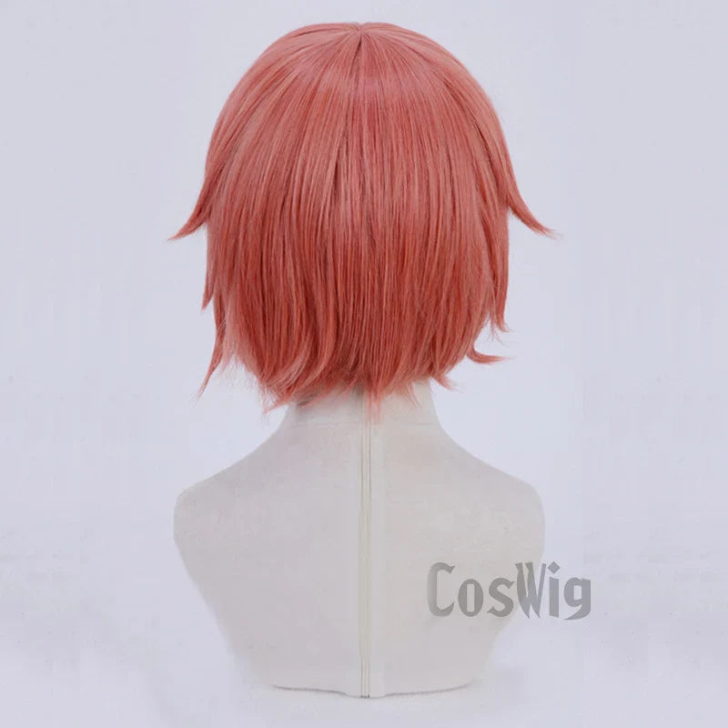 Anime Doki Doki Literature Club Sayori Short Pink Red Heat Resistant Hair Cosplay Costume Wigs + Bow Hairpin + Free Wig