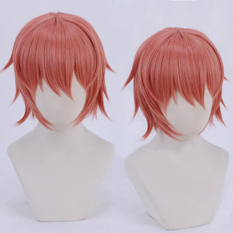 Anime Doki Doki Literature Club Sayori Short Pink Red Heat Resistant Hair Cosplay Costume Wigs + Bow Hairpin + Free Wig