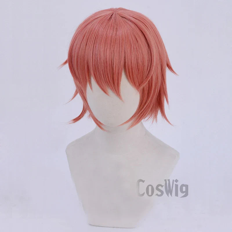 Anime Doki Doki Literature Club Sayori Short Pink Red Heat Resistant Hair Cosplay Costume Wigs + Bow Hairpin + Free Wig