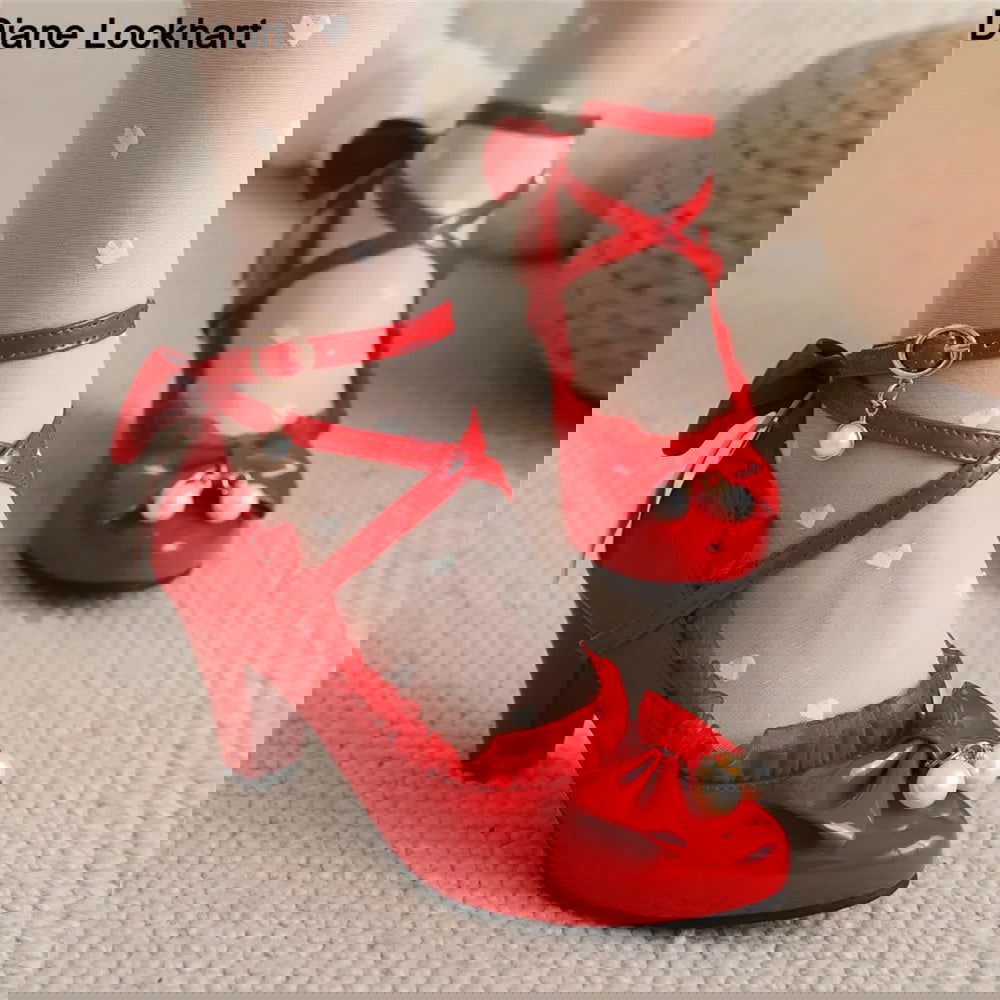 Spring Women High Heels Cross Strap Mary Jane Pumps Party Wedding Cosplay White Red Black String Bead Bow Princess Lolita Shoes | Macchar Cosplay Catalogue