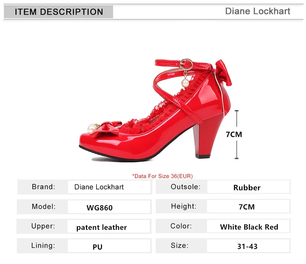 Spring Women High Heels Cross Strap Mary Jane Pumps Party Wedding Cosplay White Red Black String Bead Bow Princess Lolita Shoes - Macchar Cosplay Catalogue -