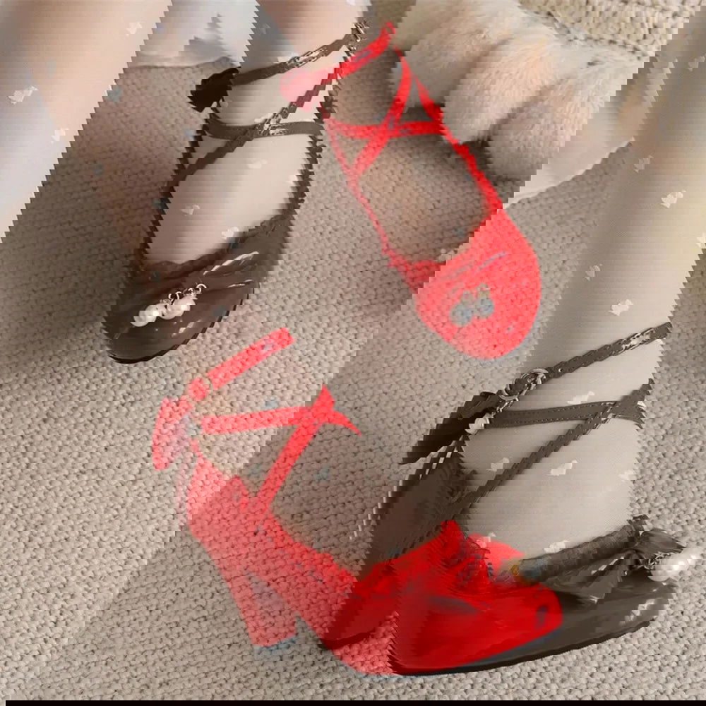 Spring Women High Heels Cross Strap Mary Jane Pumps Party Wedding Cosplay White Red Black String Bead Bow Princess Lolita Shoes - Macchar Cosplay Catalogue -