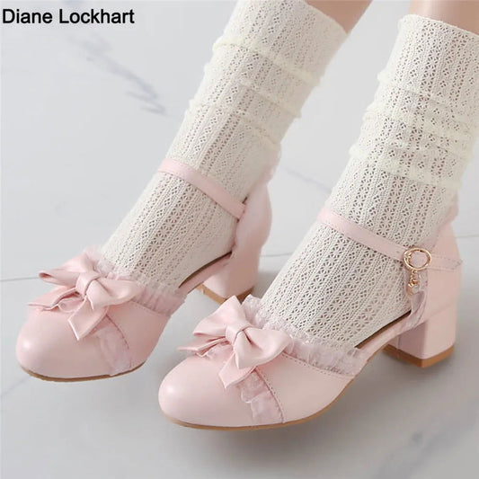 2024 Spring Women High Heels Mary Jane Pumps Party Wedding White Pink Beige String Bead Bow Princess Cosplay Lolita Shoes 31-43 | Macchar Cosplay Catalogue