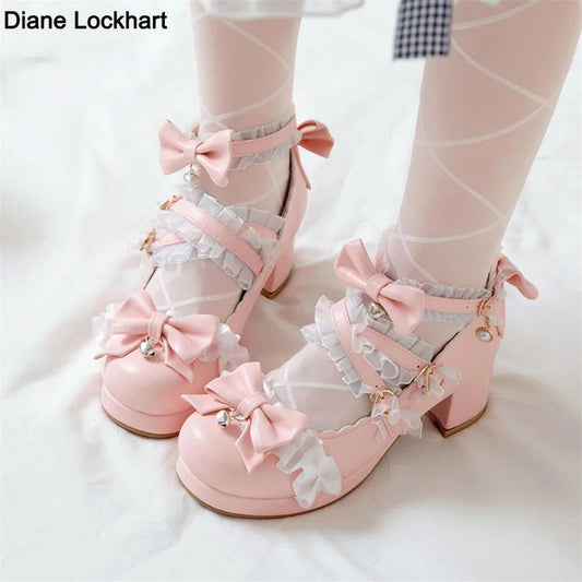 2024 Women High Heels Cross Strap Mary Jane Pumps Party Wedding White Pink Black Ruffles Bow Princess Cosplay Lolita Shoes 31-43 | Macchar Cosplay Catalogue