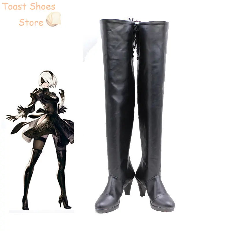 2B Cosplay Shoes Game NieR:Automata Cosplay Boots Black PU Leather Shoes Halloween Carnival Props Costume Prop | Macchar Cosplay Catalogue