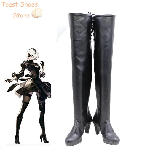 2B Cosplay Shoes Game NieR:Automata Cosplay Boots Black PU Leather Shoes Halloween Carnival Props Costume Prop | Macchar Cosplay Catalogue
