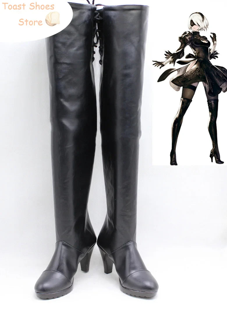 2B Cosplay Shoes Game NieR:Automata Cosplay Boots Black PU Leather Shoes Halloween Carnival Props Costume Prop