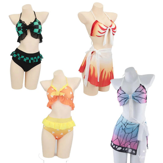 Anime Demon Slayer Swimsuit Bikini with Kimono Cover Up Women Nezuko Shinobu Cosplay Kimetsu No Yaiba Swimwear Sexy Bathing Suit | Macchar Cosplay Catalogue
