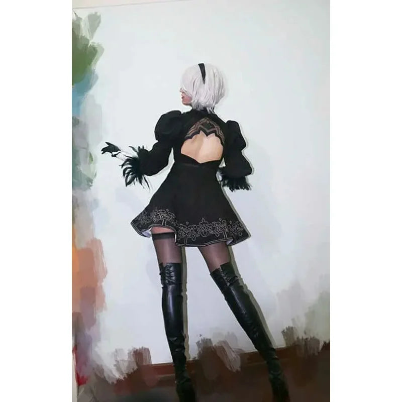 New Game Nier Automata Cosplay Shoes YoRHa 2B Knee Length PU Leather Cosplay Boots Black High Heels Lace-up Size 35-47