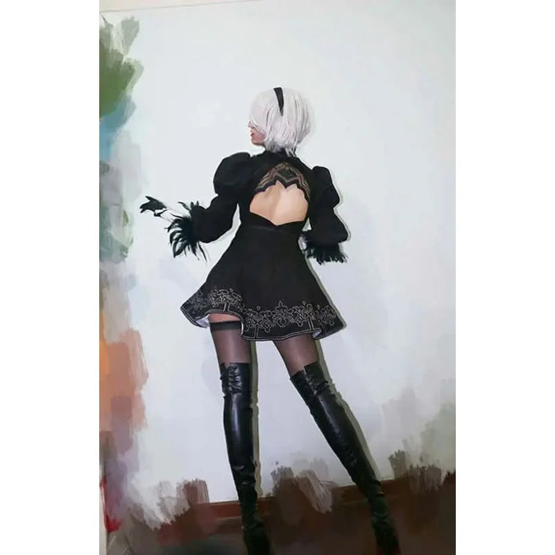 New Game Nier Automata Cosplay Shoes YoRHa 2B Knee Length PU Leather Cosplay Boots Black High Heels Lace-up Size 35-47