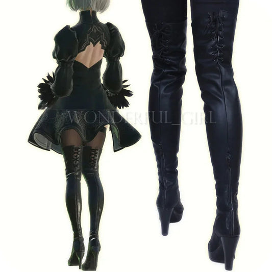 New Game Nier Automata Cosplay Shoes YoRHa 2B Knee Length PU Leather Cosplay Boots Black High Heels Lace-up Size 35-47 | Macchar Cosplay Catalogue