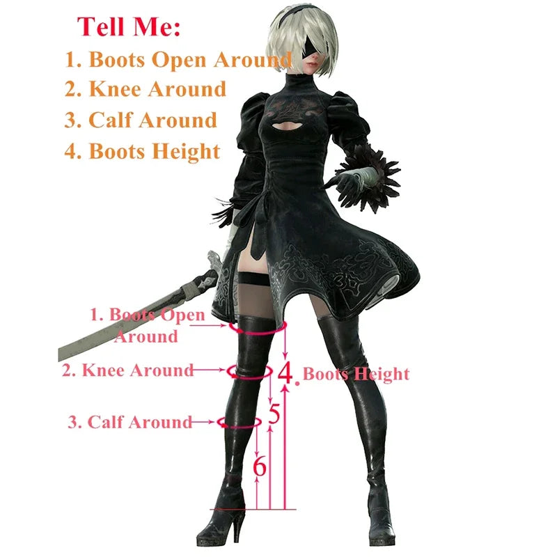 New Game Nier Automata Cosplay Shoes YoRHa 2B Knee Length PU Leather Cosplay Boots Black High Heels Lace-up Size 35-47