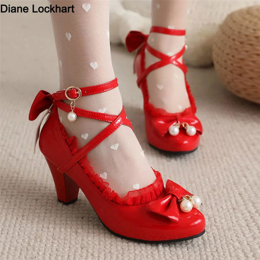 Spring Women High Heels Cross Strap Mary Jane Pumps Party Wedding Cosplay White Red Black String Bead Bow Princess Lolita Shoes | Macchar Cosplay Catalogue